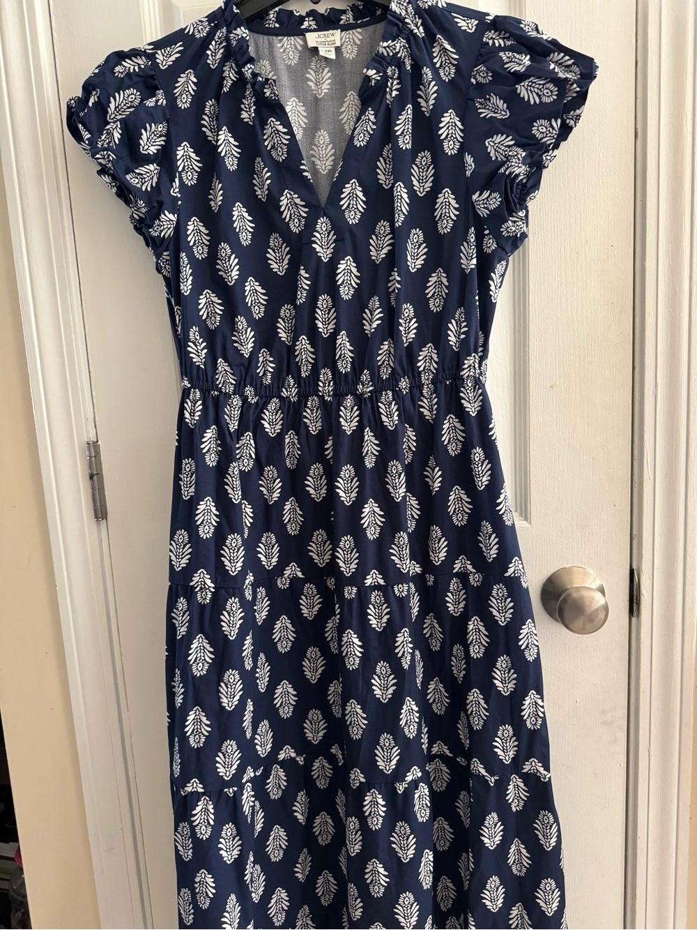 J Crew Navy Blue Printed Midi Dress with White Leaf Motif Size 12 Petite